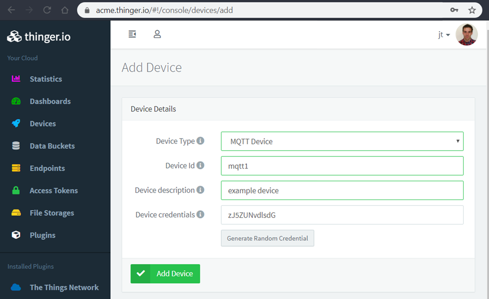 The Add Device form of the Thinger.io console with Device Type set to MQTT Device, Device Id mqtt1, a description and generated device credentials