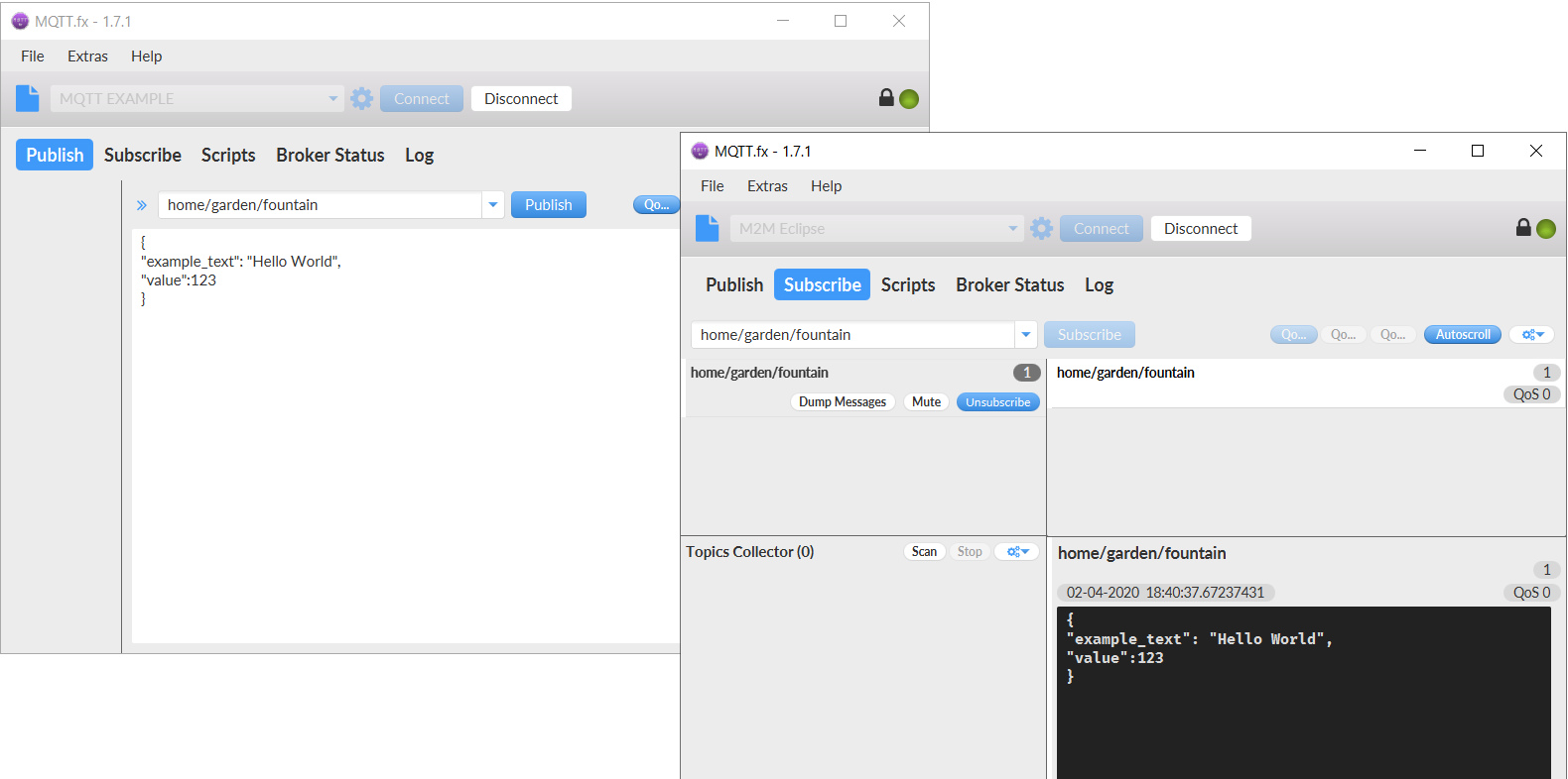 Two MQTT.fx windows: one publishes a JSON message on home/garden/fountain, the other is subscribed to the topic and shows the message received