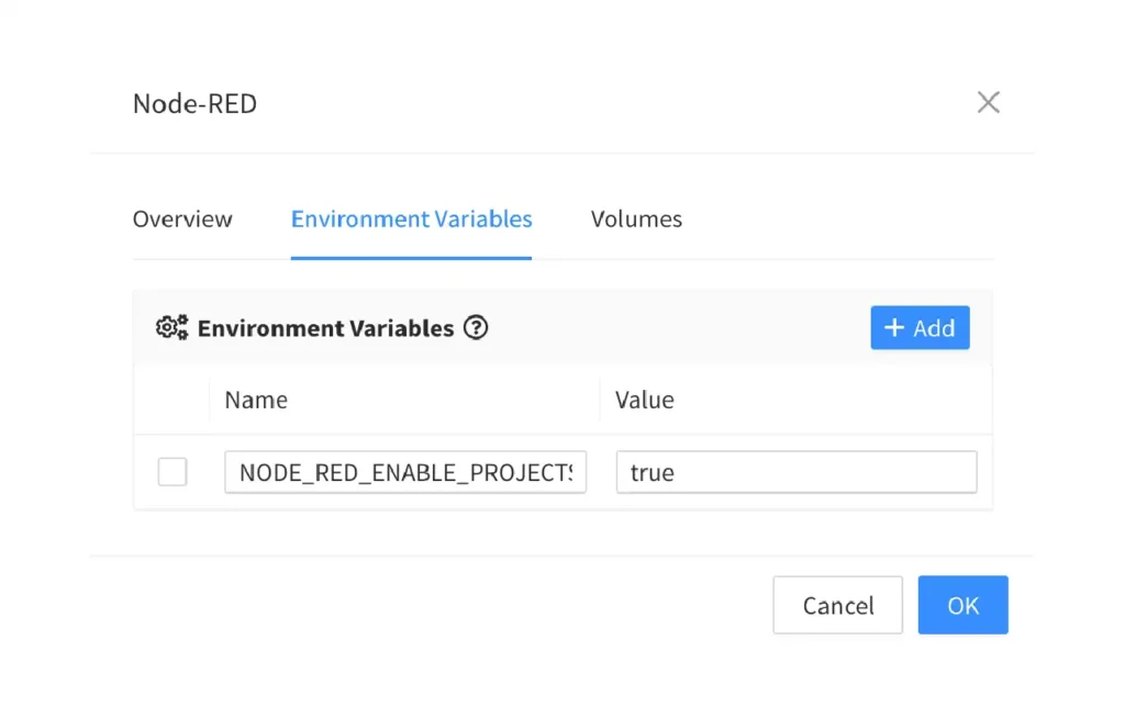 Node-RED plugin dialog, Environment Variables tab: NODE_RED_ENABLE_PROJECTS set to true
