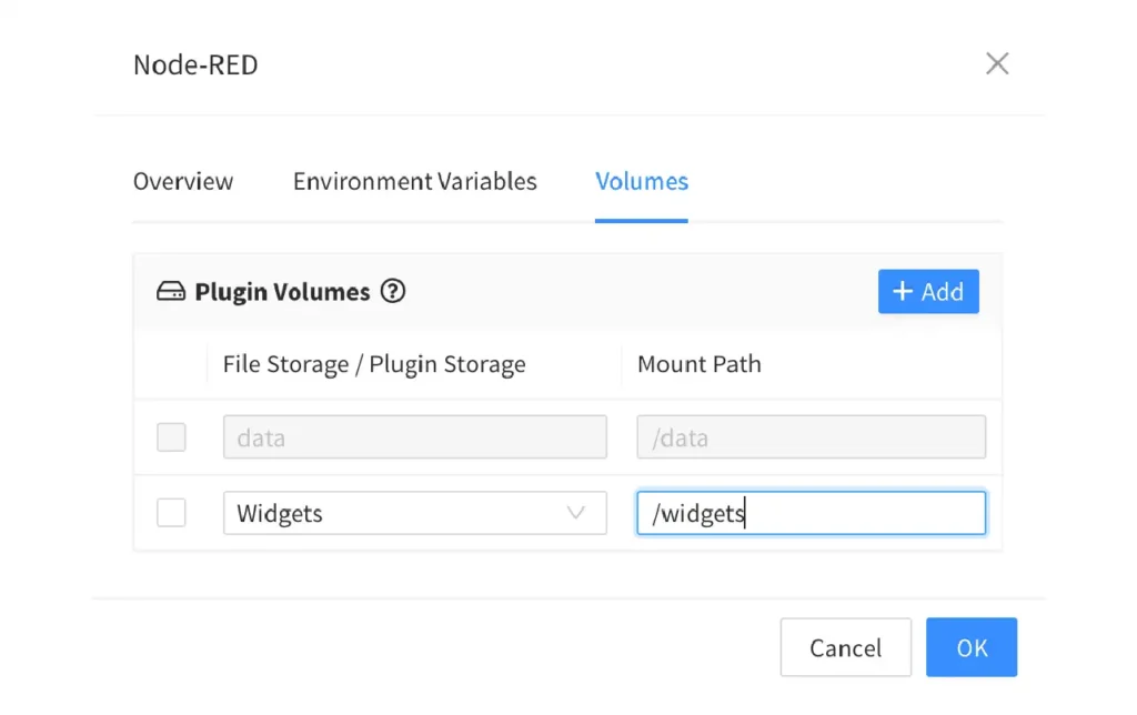 Node-RED plugin dialog, Volumes tab: the default data storage mounted at /data and a Widgets file storage mounted at /widgets