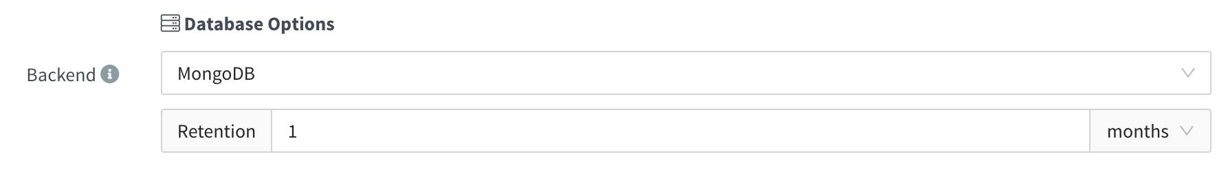 Bucket database options: Backend set to MongoDB, with a retention of 1 month