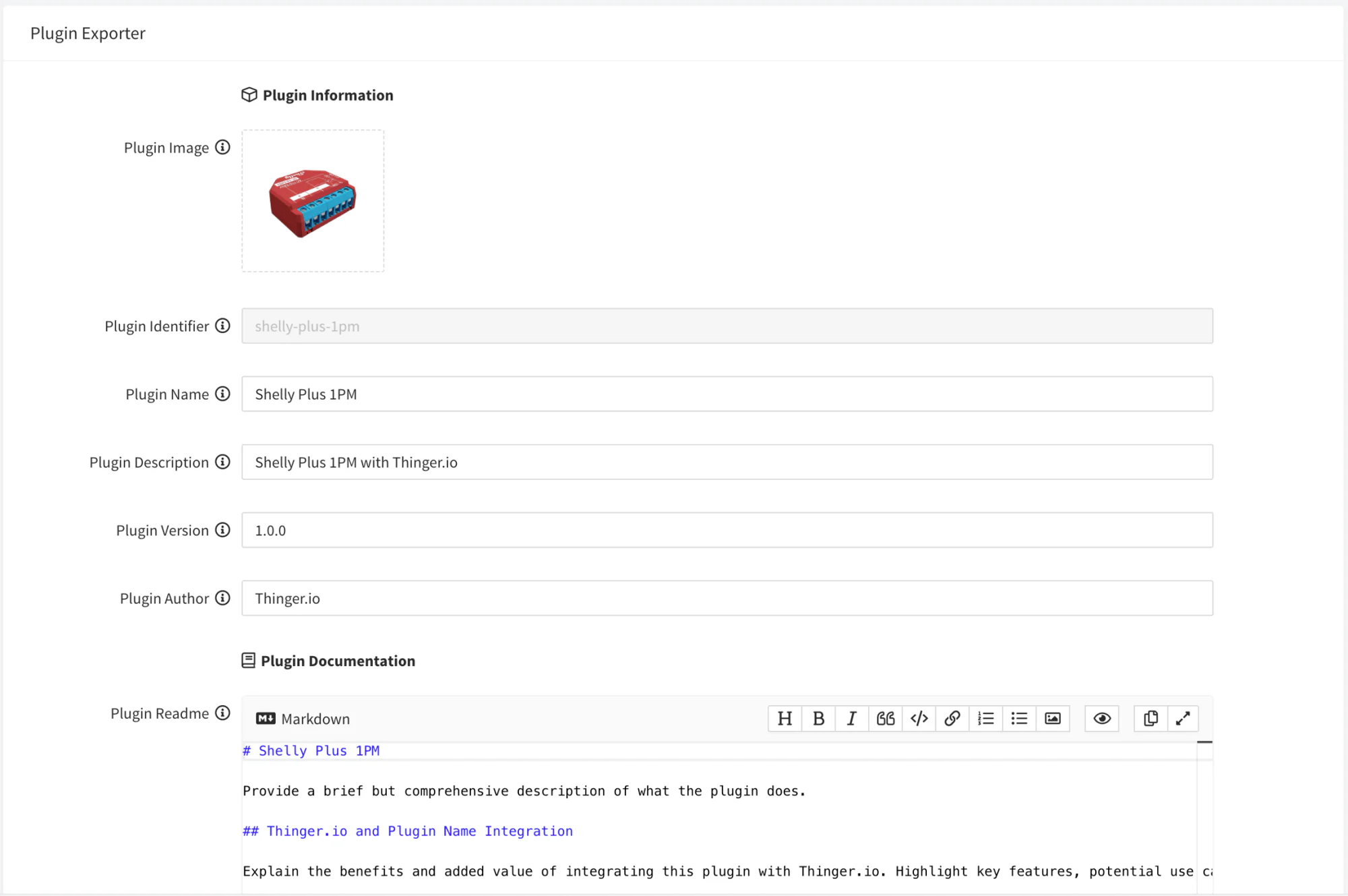 Plugin Exporter form for a Shelly Plus 1PM product: plugin image, identifier shelly-plus-1pm, name, description, version 1.0.0, author Thinger.io and a markdown README editor