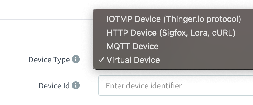 Device Type selector in the new device form: IOTMP Device (Thinger.io protocol), HTTP Device (Sigfox, Lora, cURL), MQTT Device and Virtual Device, selected