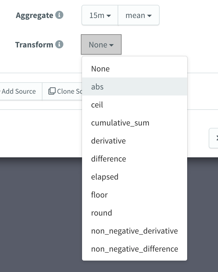 Transform menu of a chart source: abs, ceil, cumulative_sum, derivative, difference, elapsed, floor, round, non_negative_derivative, non_negative_difference