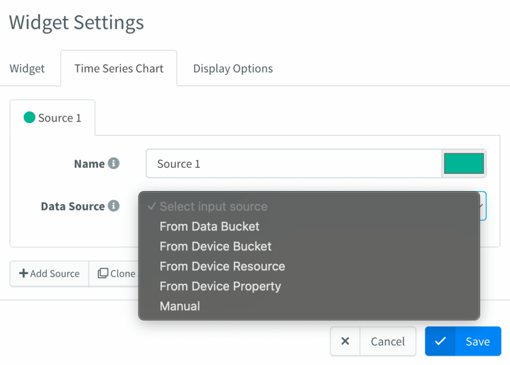 Widget settings of a time series chart: the data source menu lists From Data Bucket, From Device Bucket, From Device Resource, From Device Property and Manual