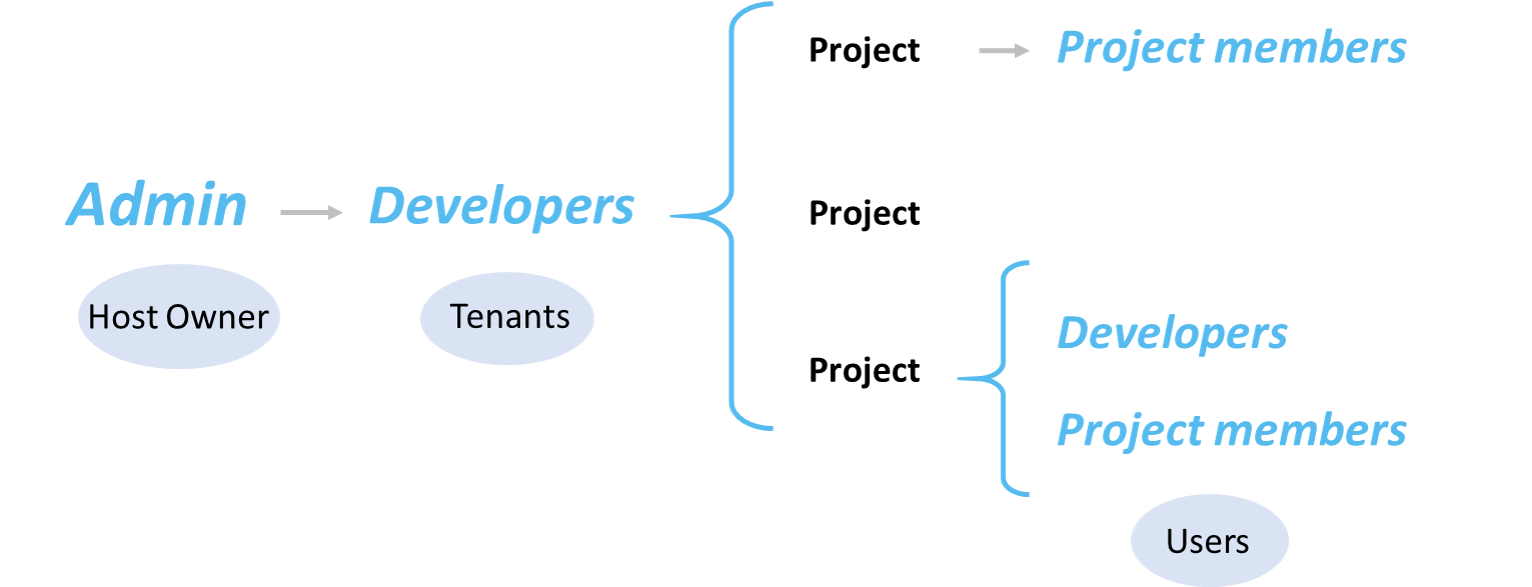 Diagram of the hierarchy: Admin, the host owner, leads to Developers, the tenants, who own several projects; each project has project members, or developers and project members, the users