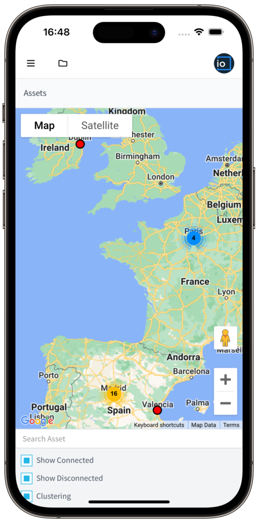 The Assets view: a map of western Europe with asset markers and clusters, and filters to show connected or disconnected assets.