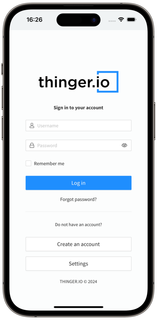 The app sign-in screen: username, password, Remember me, Log in, Forgot password, Create an account and Settings.