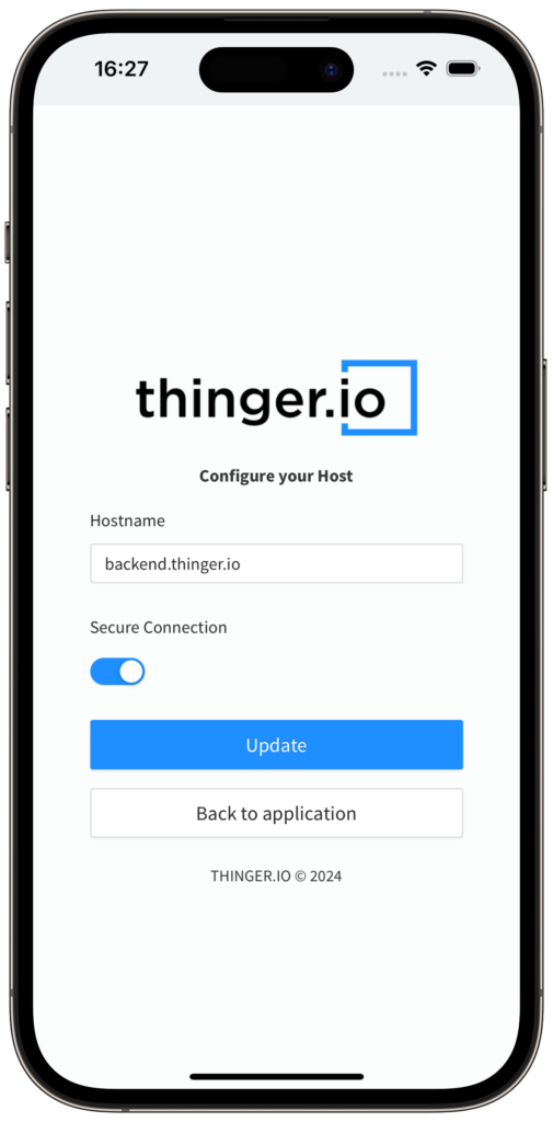The Configure your Host screen: a Hostname field set to backend.thinger.io, a Secure Connection switch turned on, and Update and Back to application buttons.