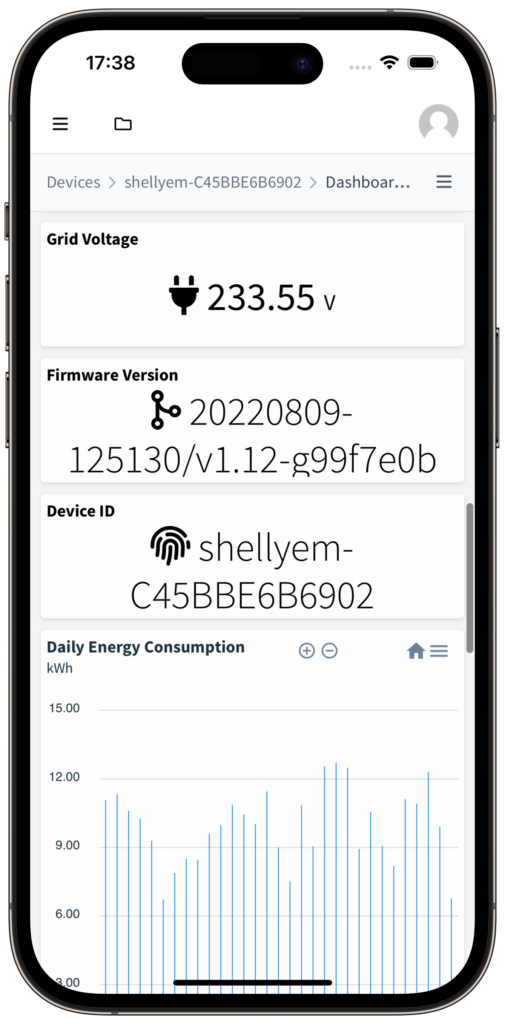 A device dashboard on the phone: grid voltage of 233.55 V, the firmware version, the device ID of a Shelly and a bar chart of daily energy consumption in kWh.