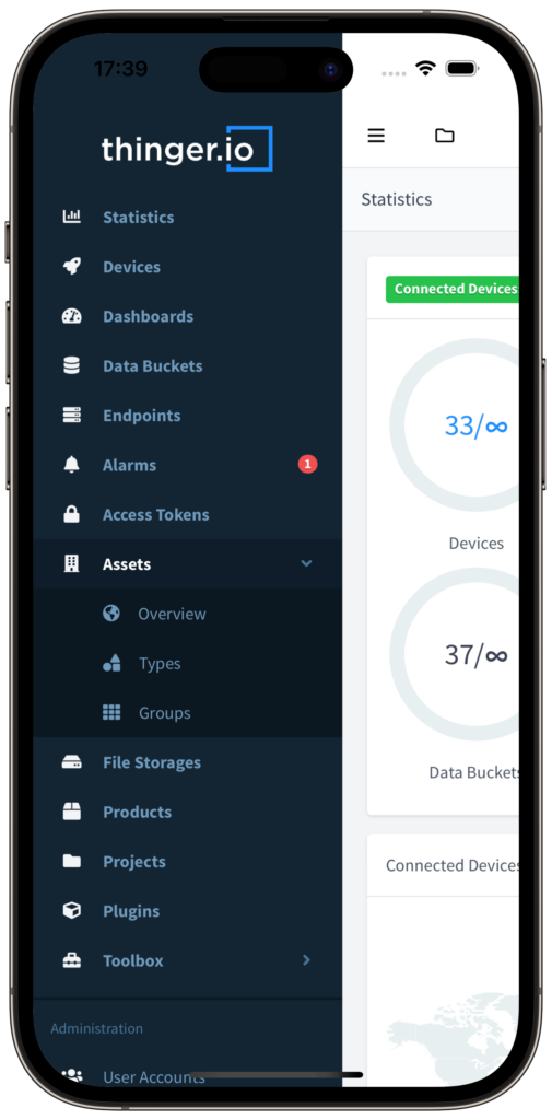 The app side menu: Statistics, Devices, Dashboards, Data Buckets, Endpoints, Alarms, Access Tokens, Assets, File Storages, Products, Projects, Plugins, Toolbox and User Accounts.