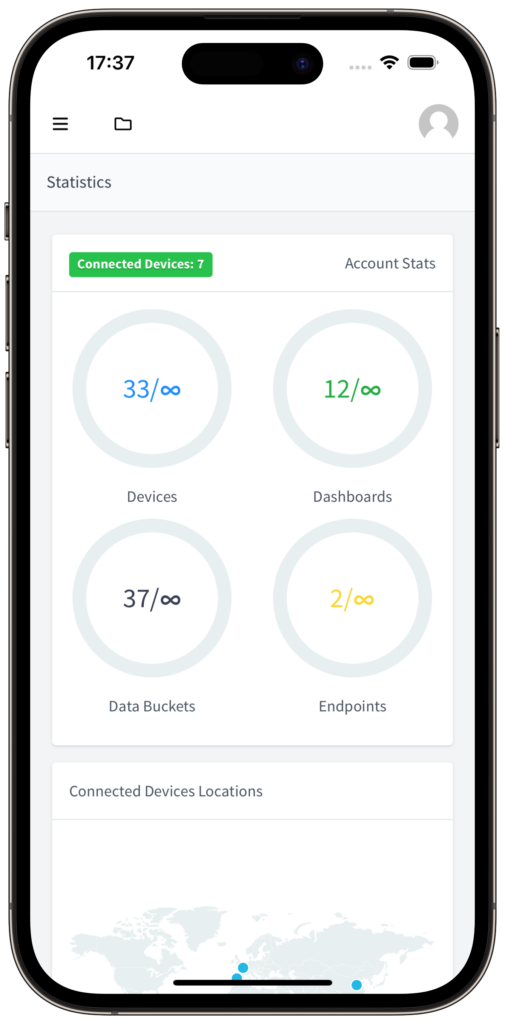 The Statistics screen: 7 connected devices and account counters for devices, dashboards, data buckets and endpoints.