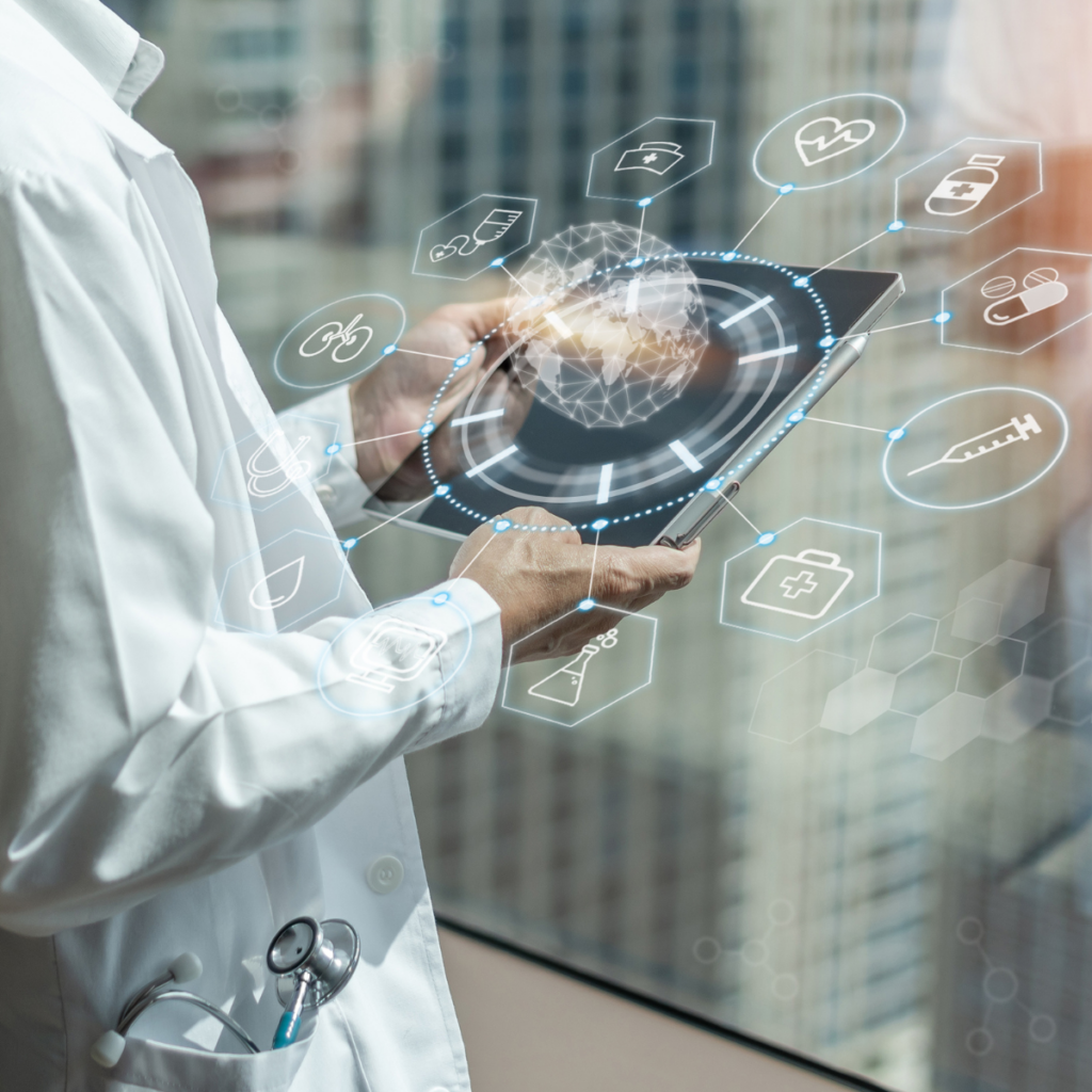A doctor in a white coat with a stethoscope holds a tablet surrounded by floating healthcare icons