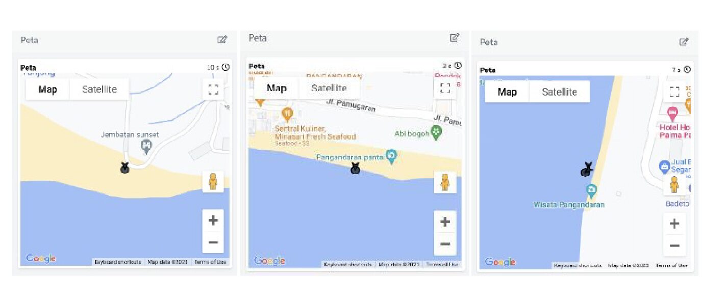 Three map widgets of a Thinger.io dashboard, each with the life jacket marker at a different point of the coastline