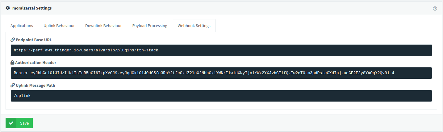 The plugin settings in the Thinger.io console, Webhook Settings tab: endpoint base URL, authorization header with a bearer token, and the uplink message path /uplink