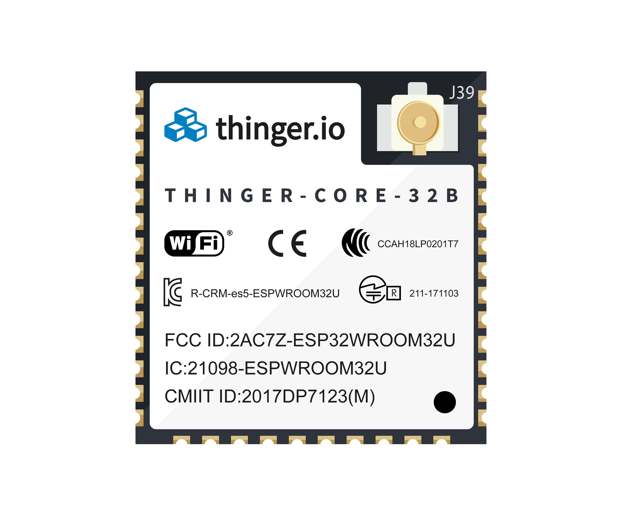 Render of the Thinger-Core-32B module: a WiFi module with the Thinger.io logo, an antenna connector and its CE, FCC and IC certification marks