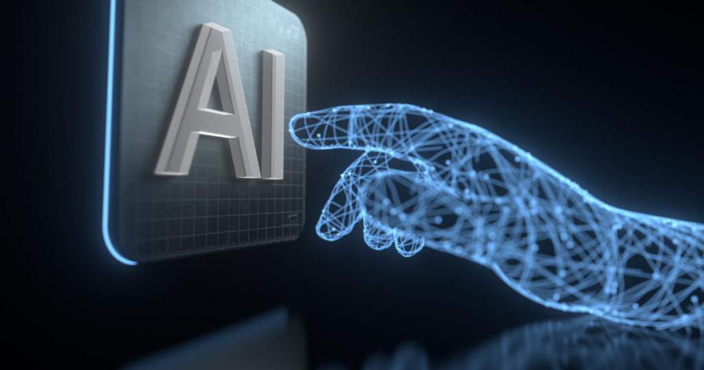 Illustration of a glowing wireframe hand reaching towards a panel marked AI