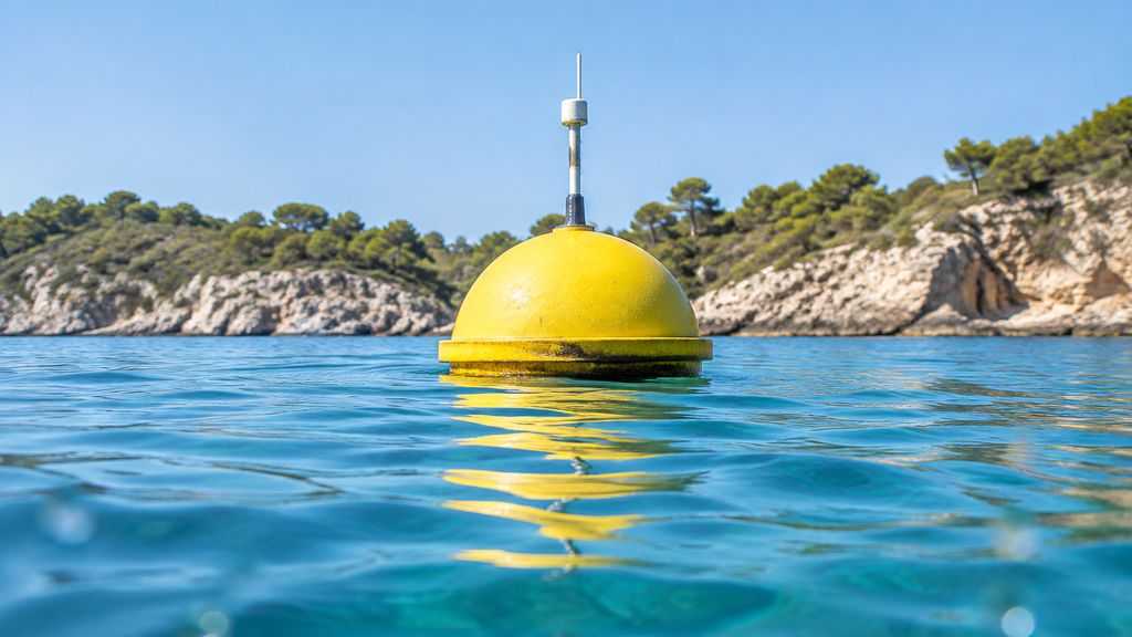 Yellow monitoring buoy floating at the sea surface off a rocky shore