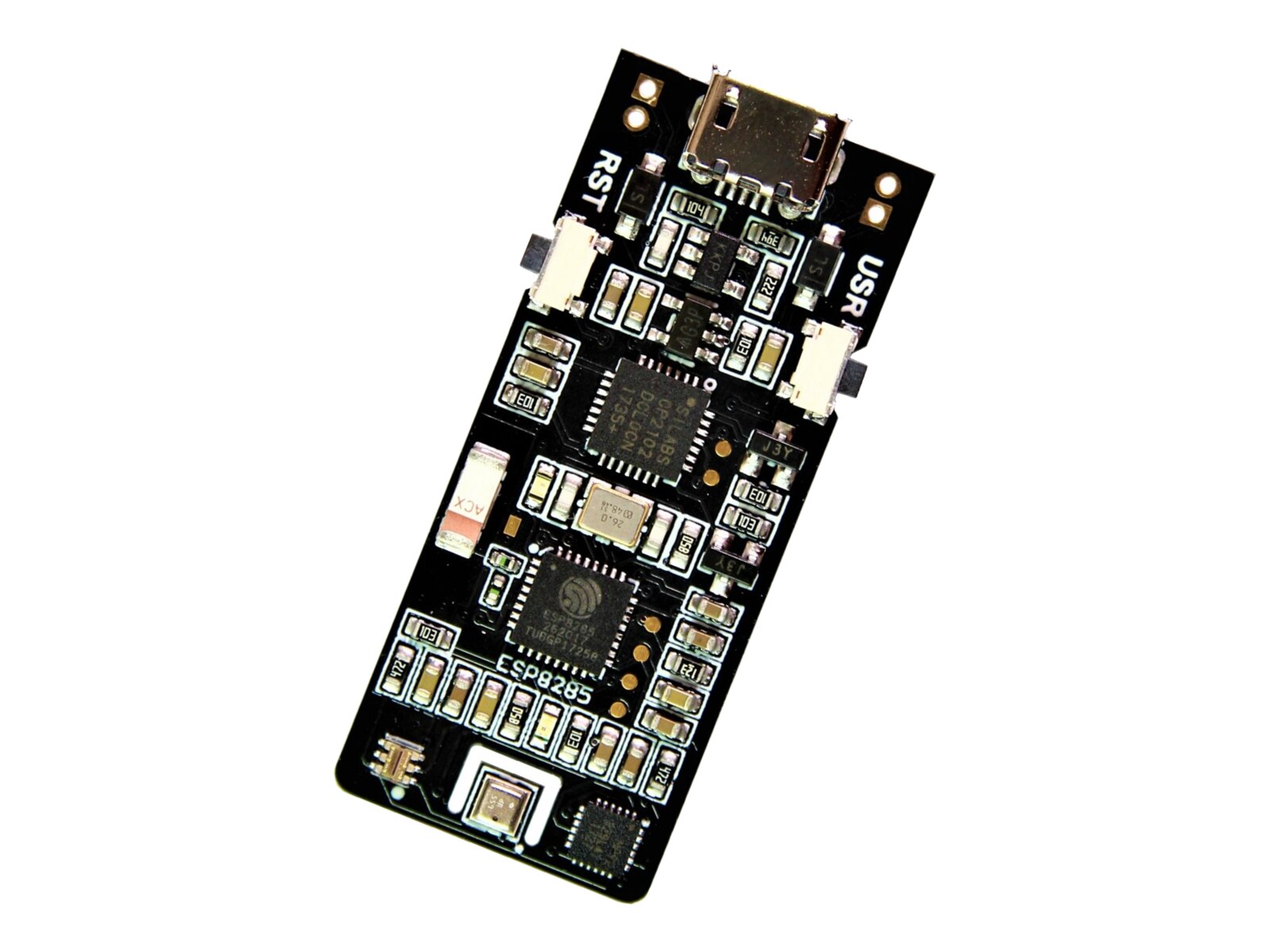 ClimaStick board: micro USB, reset and user buttons, USB serial chip, ESP8285 and the environmental sensors at the bottom edge