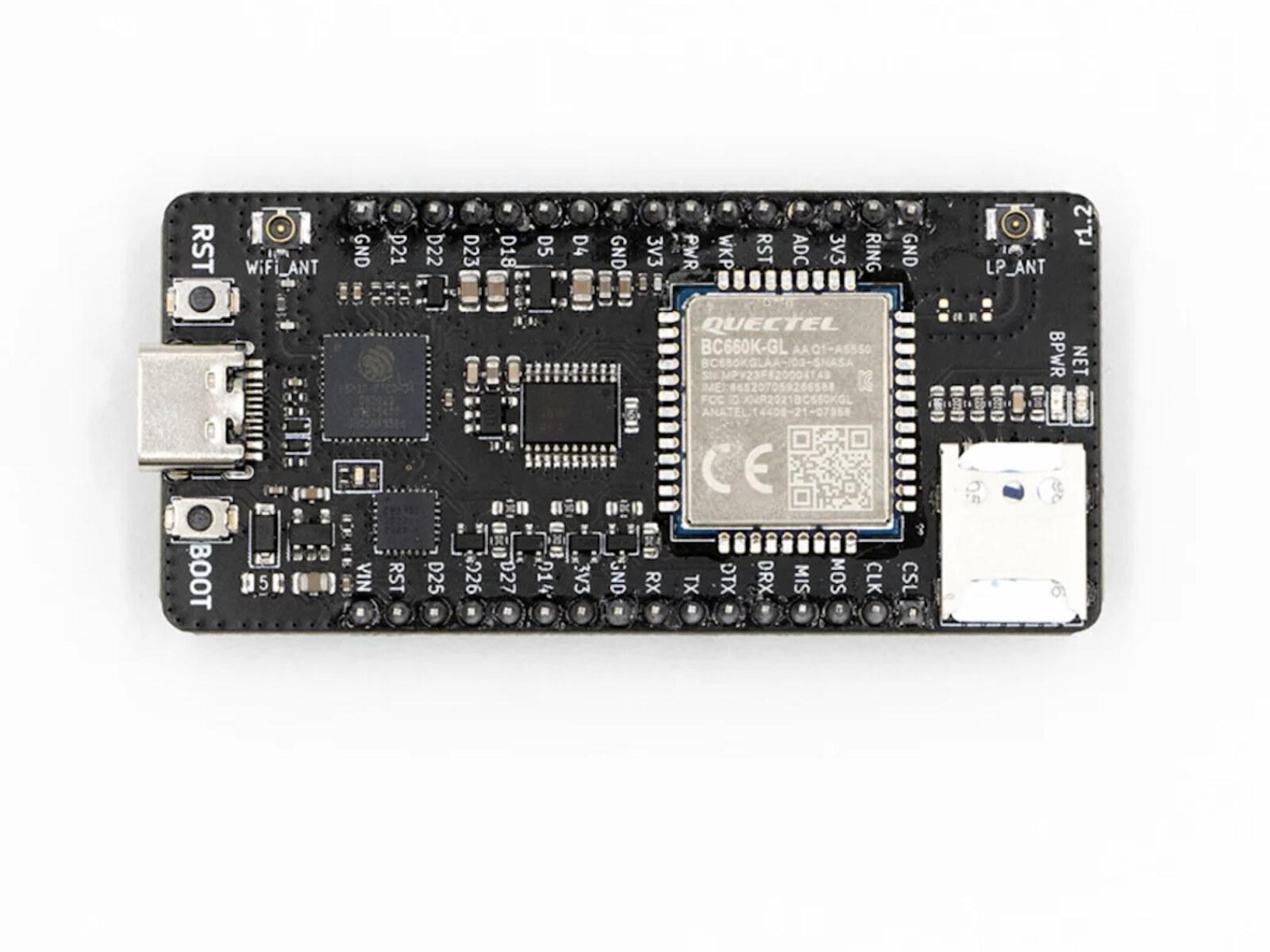 Thinger32 NB-IoT board: USB connector, ESP32-PICO-D4, Quectel BC660K-GL module, SIM slot and two rows of header pins